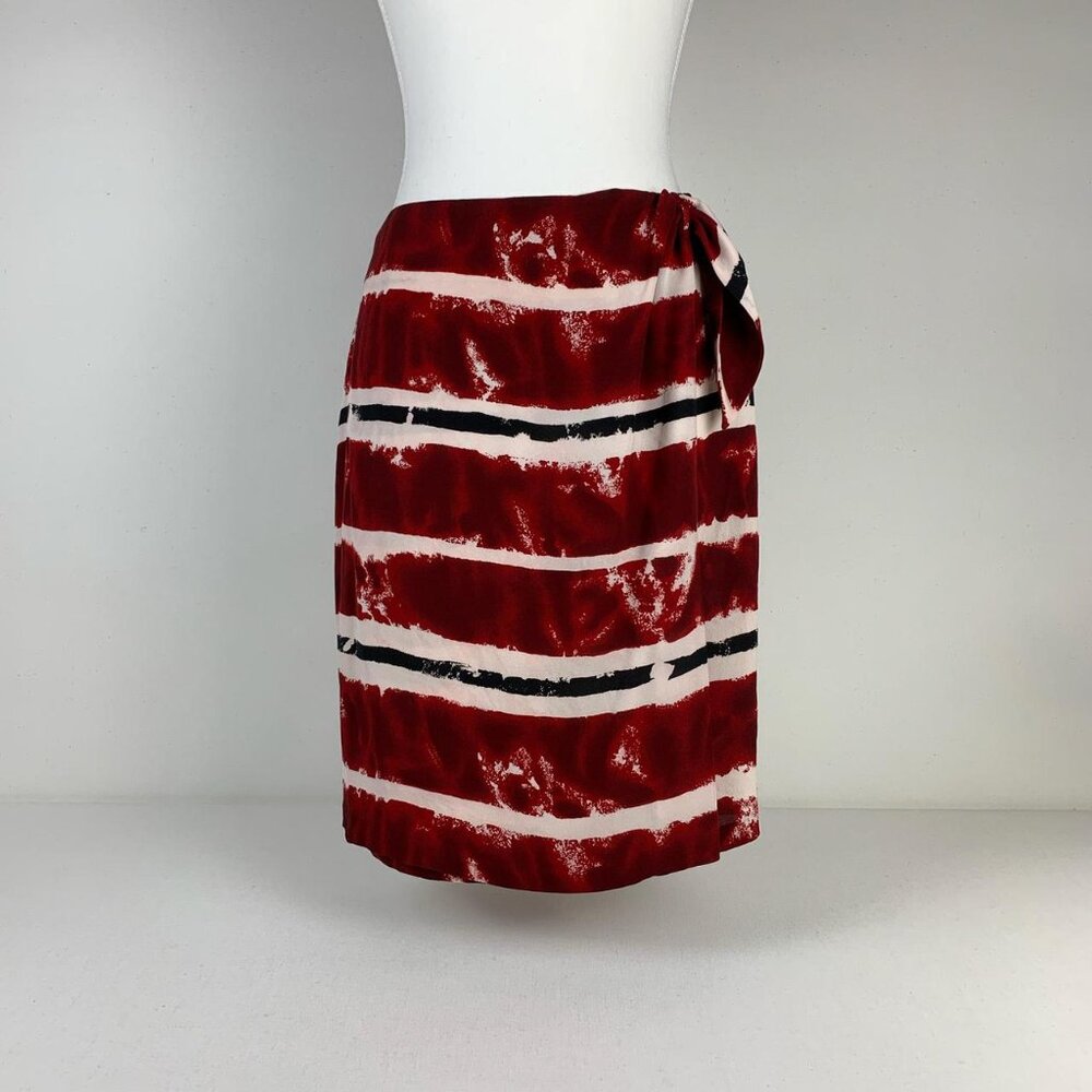 Katherine Kelly Red & White Striped Silk Midi Skirt with Tie Waist - Size 4/S